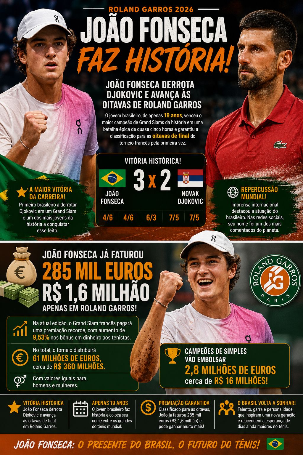 JOÃO FONSECA FAZ HISTÓRIA E DERROTA DJOKOVIC EM ROLAND GARROS