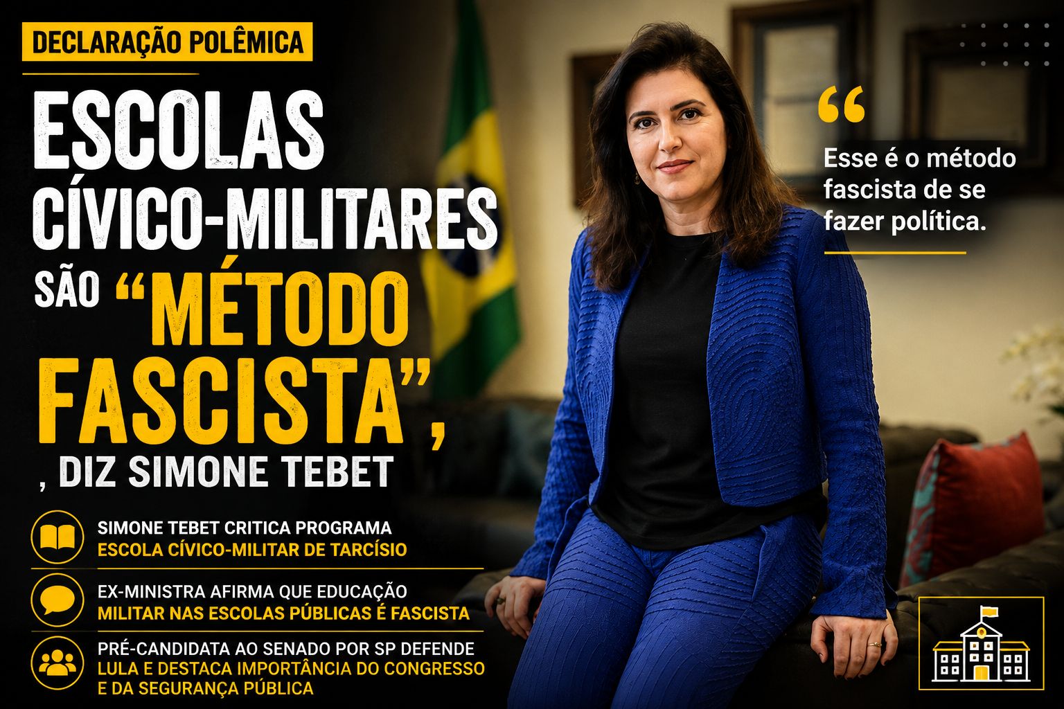 Simone Tebet chama escolas cívico-militares de “método fascista” e gera reação nas redes.