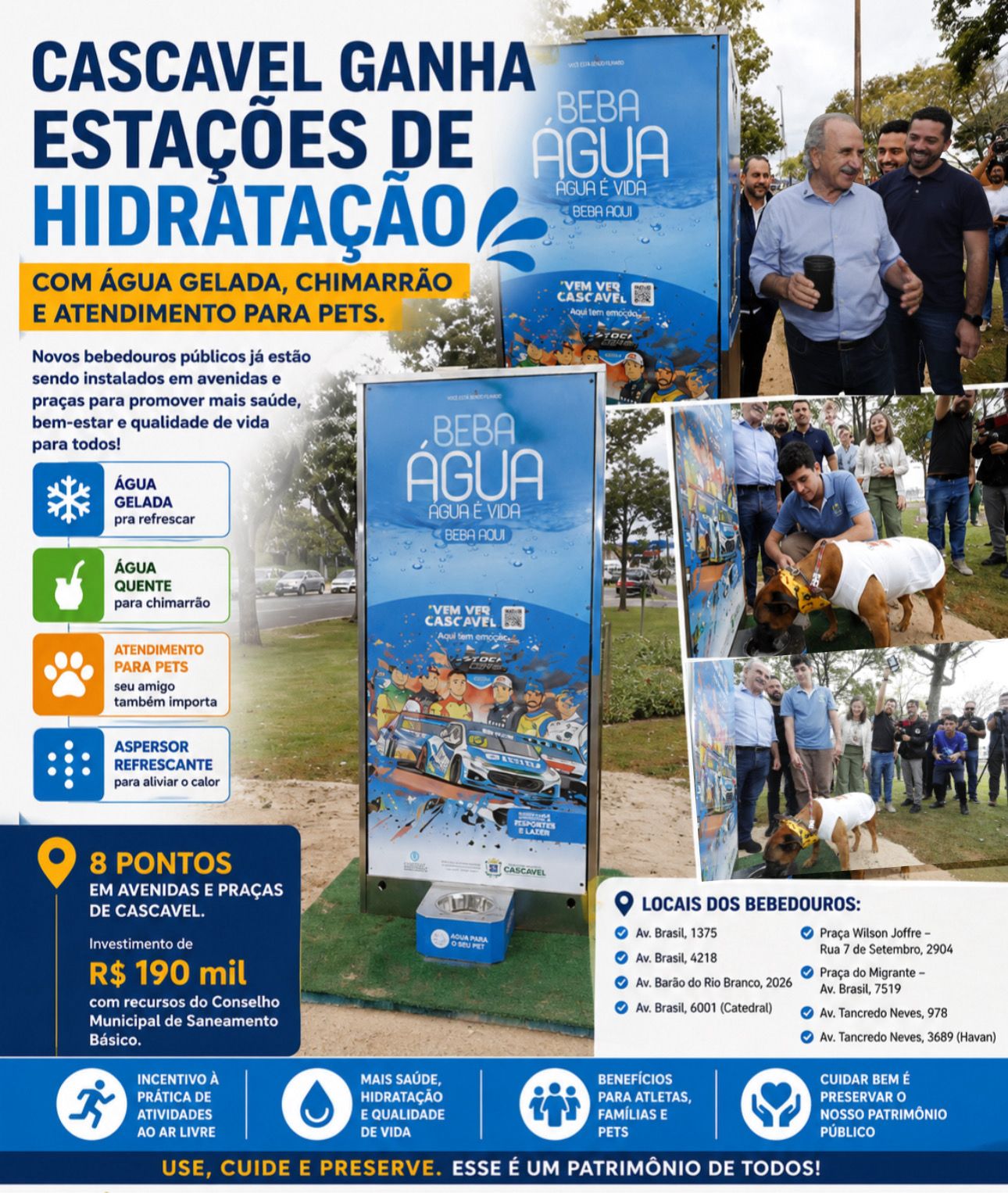CASCAVEL GANHA ESTAÇÕES DE HIDRATAÇÃO COM ÁGUA GELADA, CHIMARRÃO E ATENDIMENTO PARA PETS.