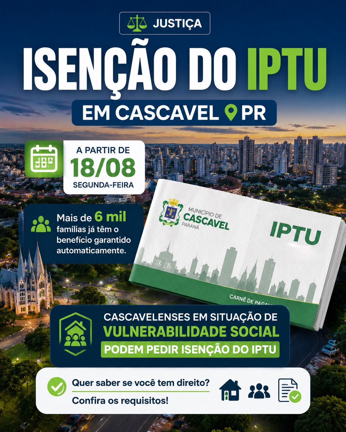 Cascavelenses em situação de vulnerabilidade social poderão pedir isenção do IPTU a partir de segunda-feira (18)