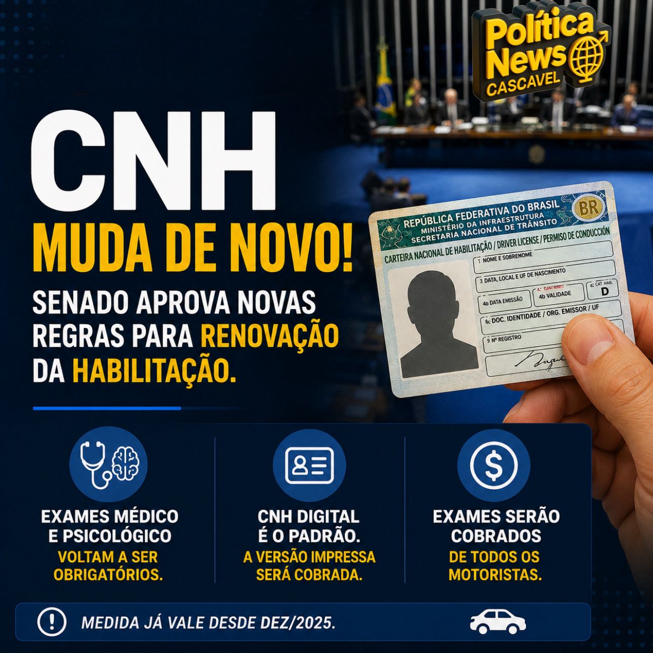 Senado aprova mudanças na renovação da CNH e motoristas voltam a pagar exames