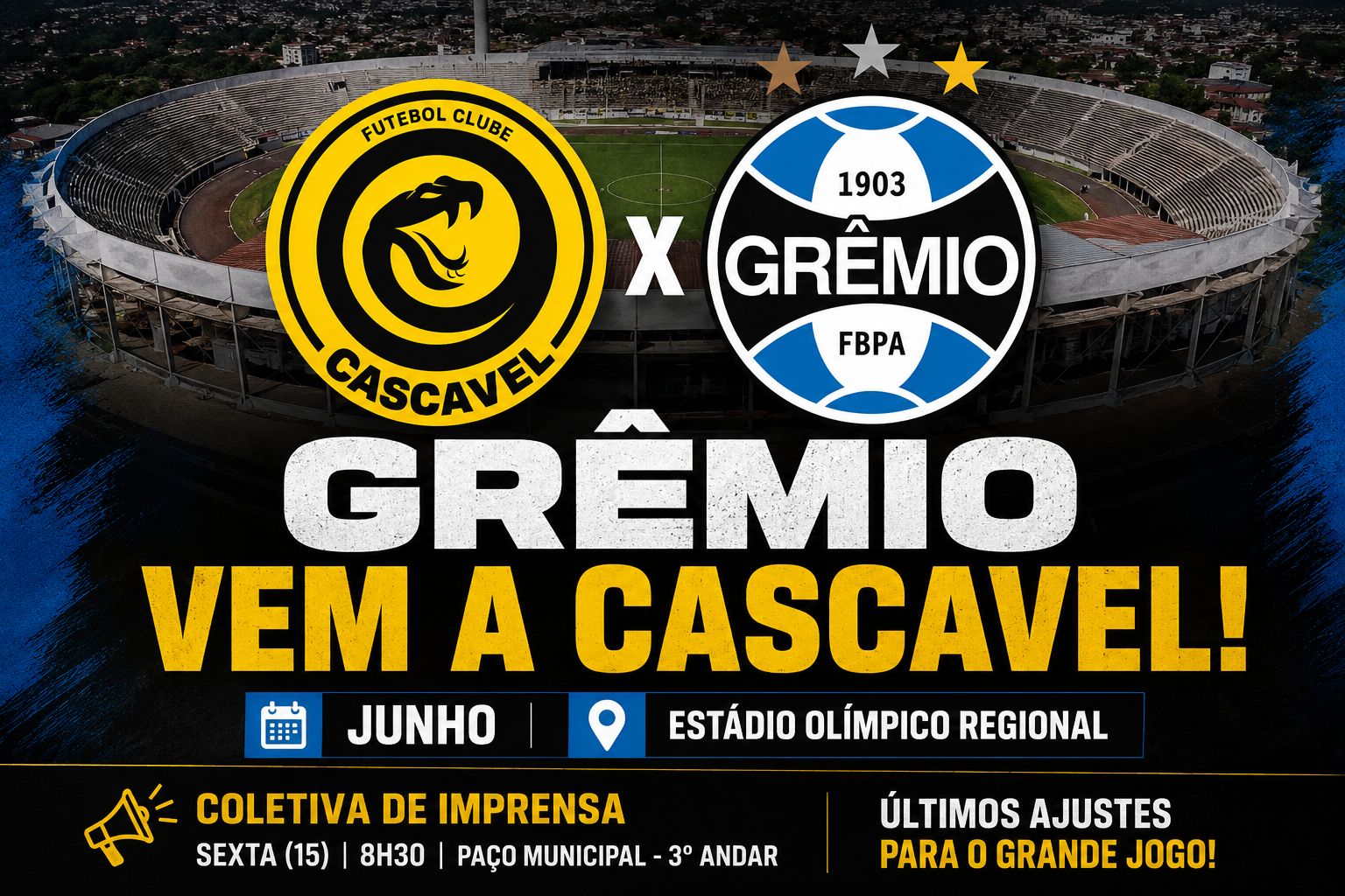 Grêmio vem a Cascavel em junho para enfrentar o FC Cascavel no Olímpico Regional