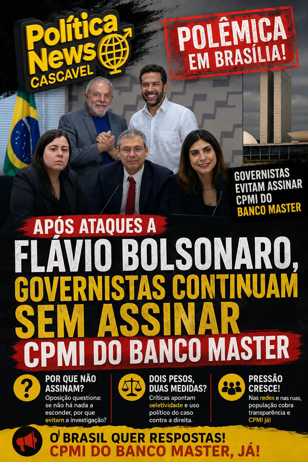 Após ataques contra Flávio Bolsonaro, governistas seguem sem assinar CPMI do Banco Master