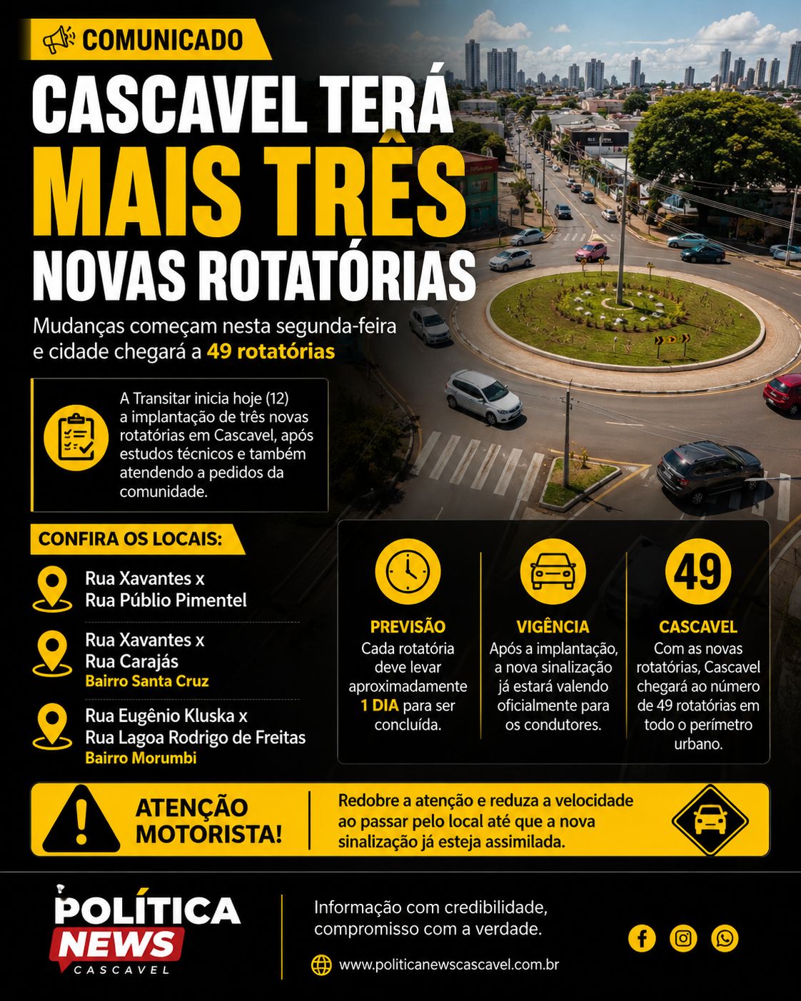 Cascavel ganhará mais três rotatórias para melhorar o trânsito e reduzir acidentes