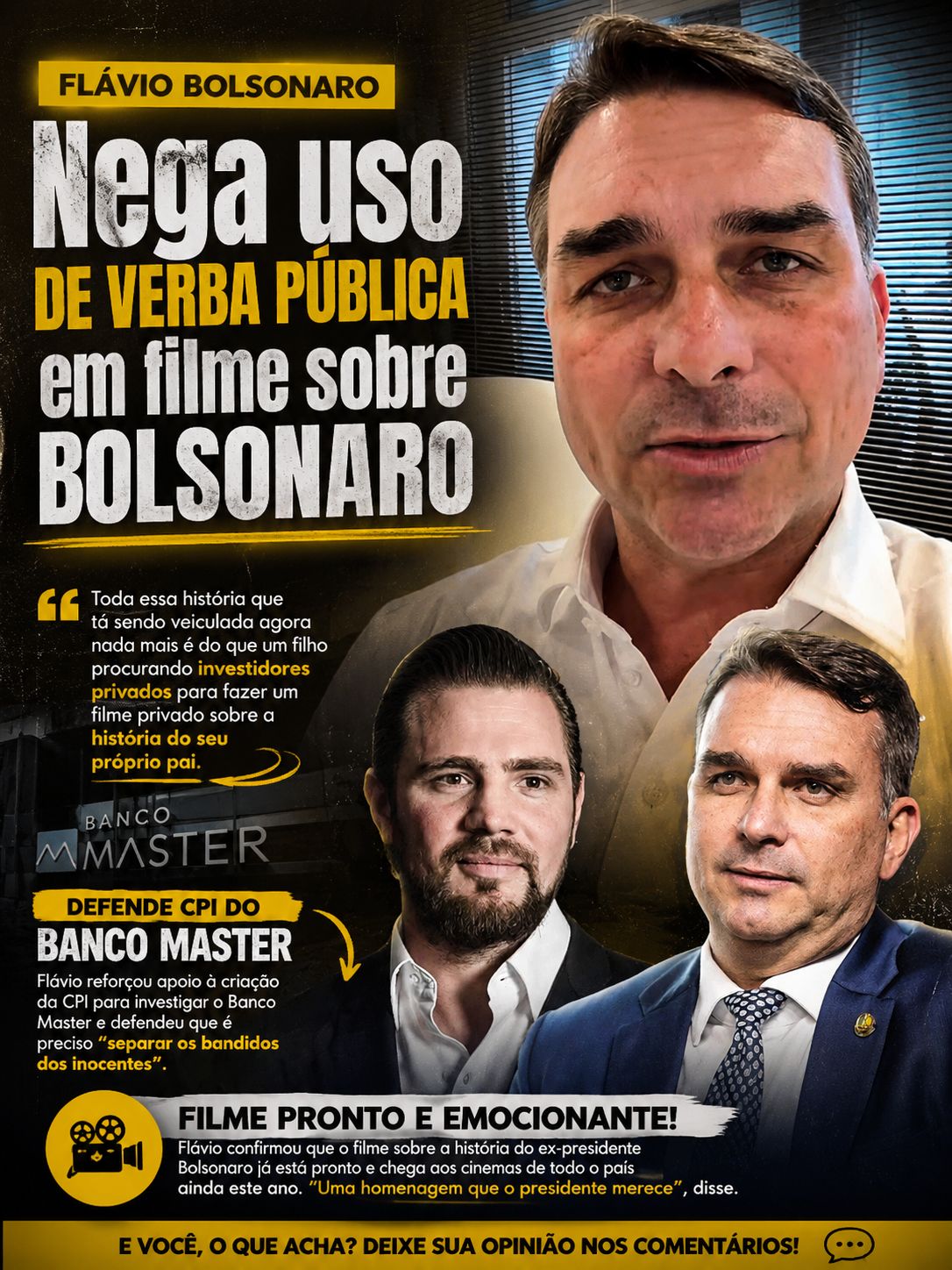 Flávio Bolsonaro nega uso de verba pública em filme sobre Bolsonaro e defende CPI do Banco Master
