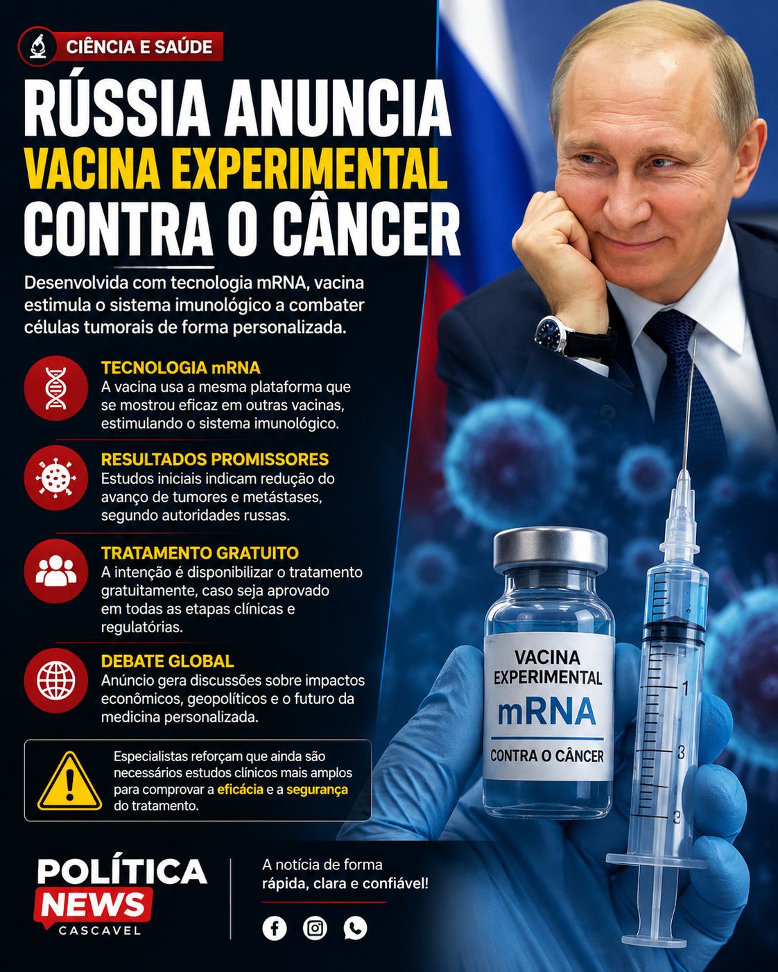 Rússia anuncia vacina experimental contra o câncer e estudo gera expectativa mundial