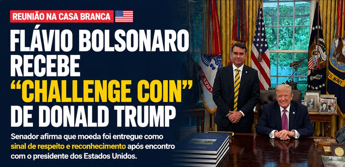 Flávio Bolsonaro recebe moeda tradicional de Donald Trump após reunião na Casa Branca