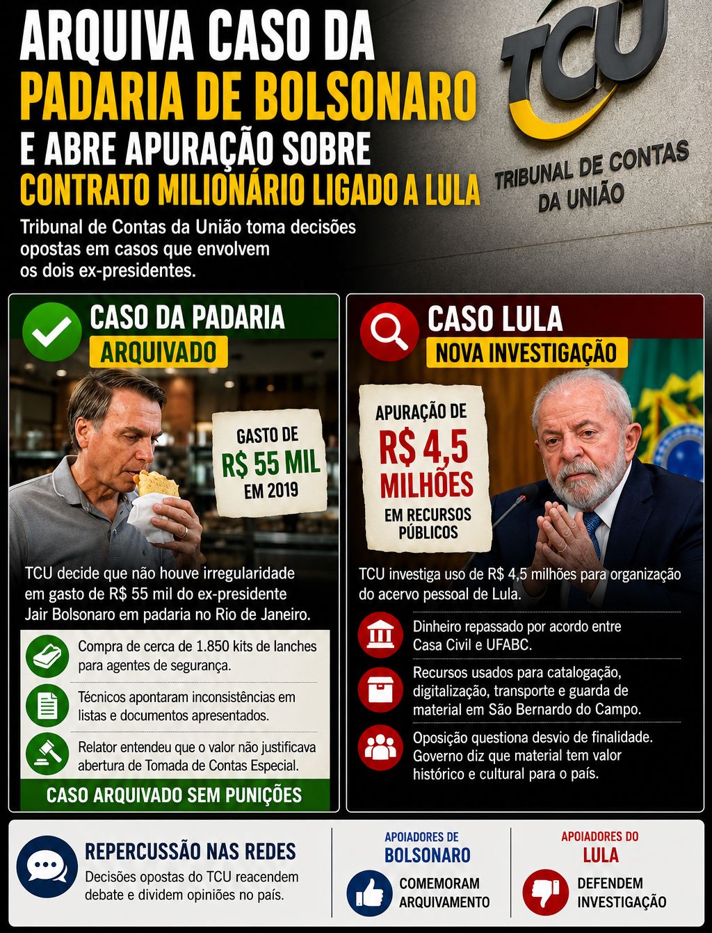 TCU arquiva investigação sobre gastos de Bolsonaro em padaria e abre apuração sobre contrato milionário ligado a Lula