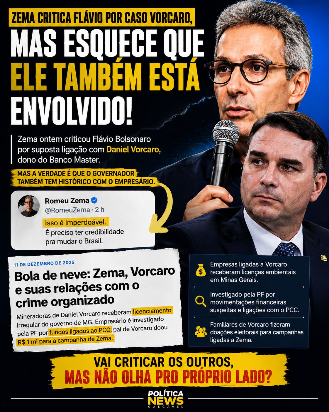 Zema critica Flávio Bolsonaro por caso Vorcaro, mas oposição relembra ligações do governador com empresário