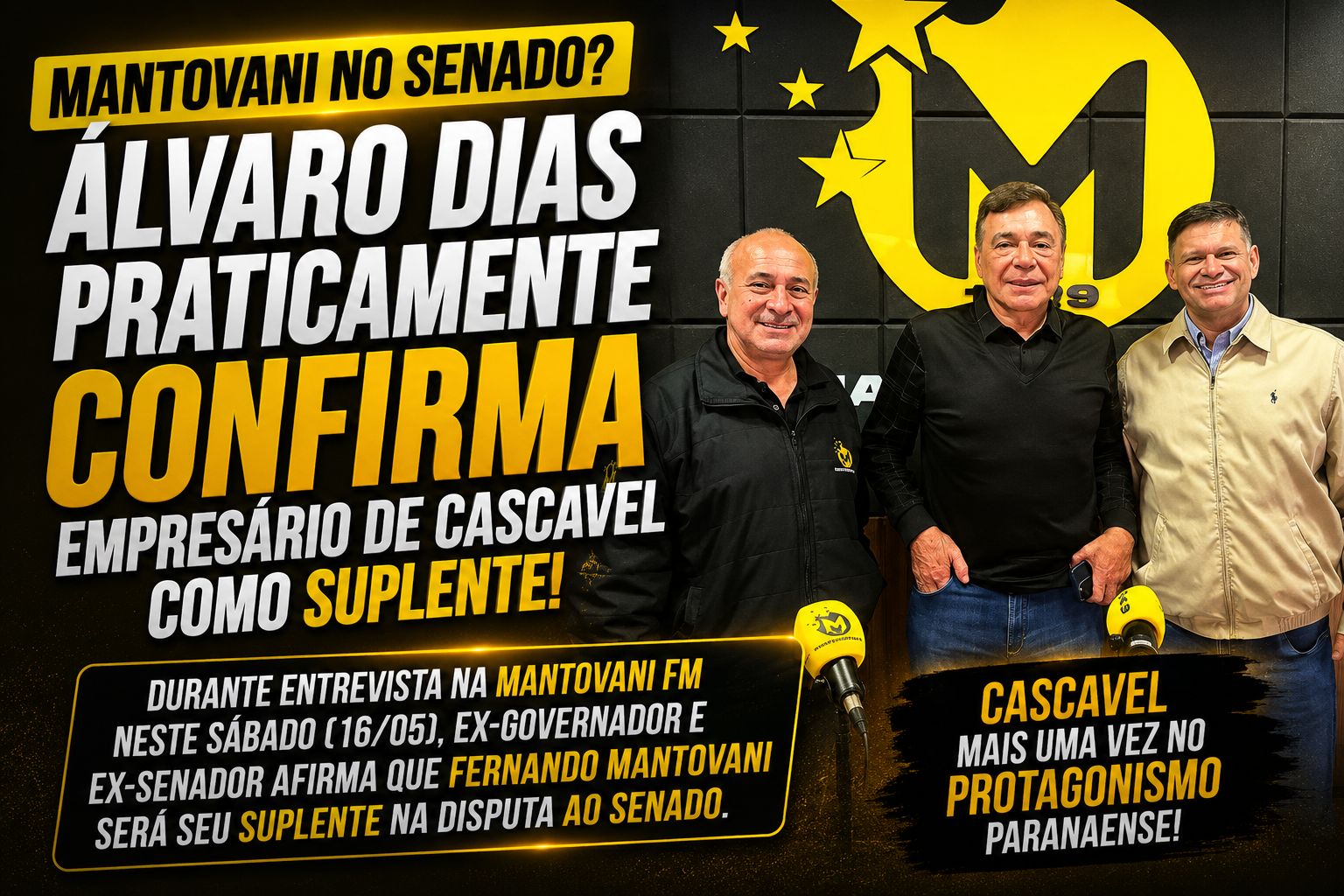 MANTOVANI NO SENADO? Álvaro Dias praticamente confirma empresário de Cascavel como suplente