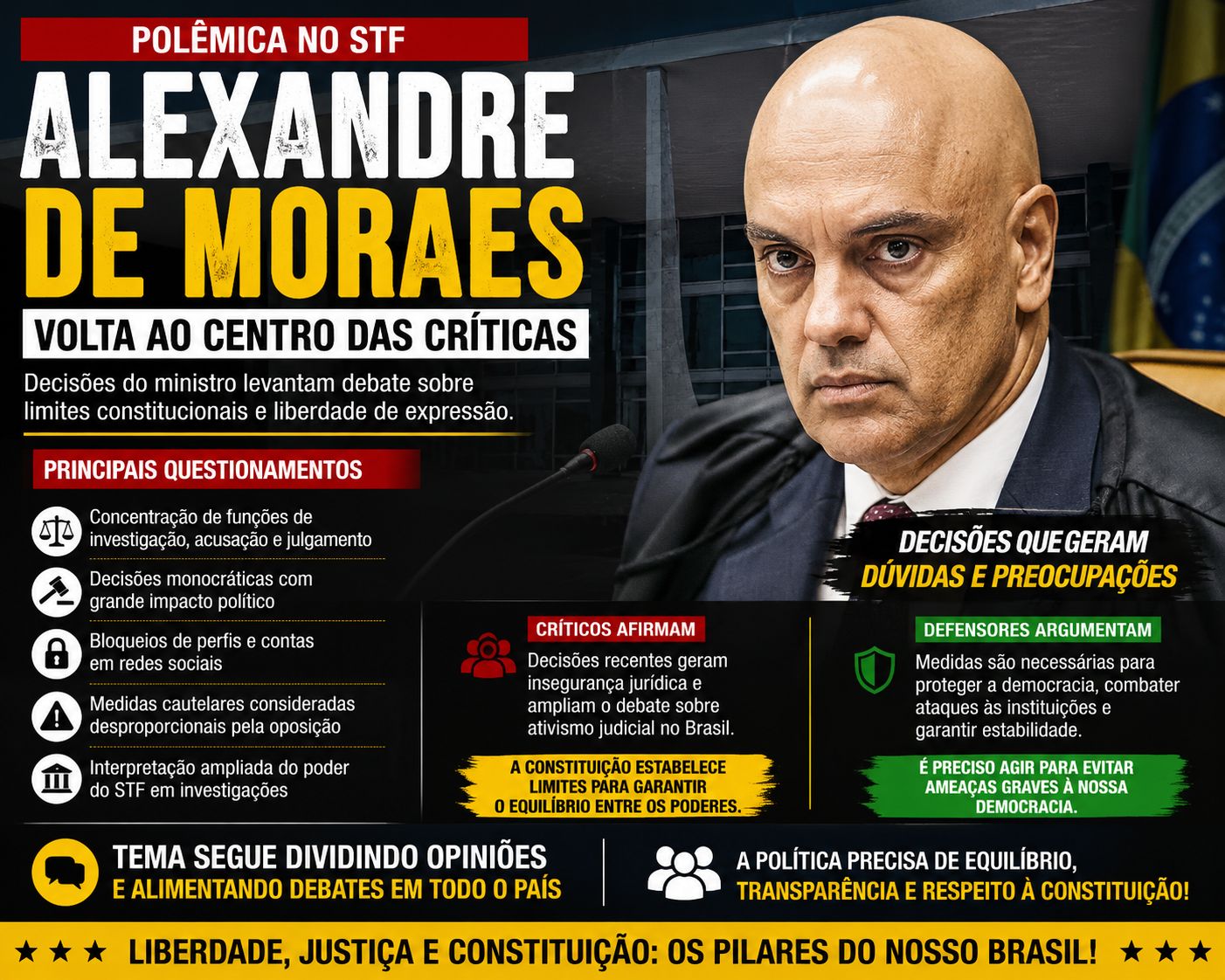 Alexandre de Moraes volta ao centro das críticas após decisões que levantam debate sobre limites constitucionais