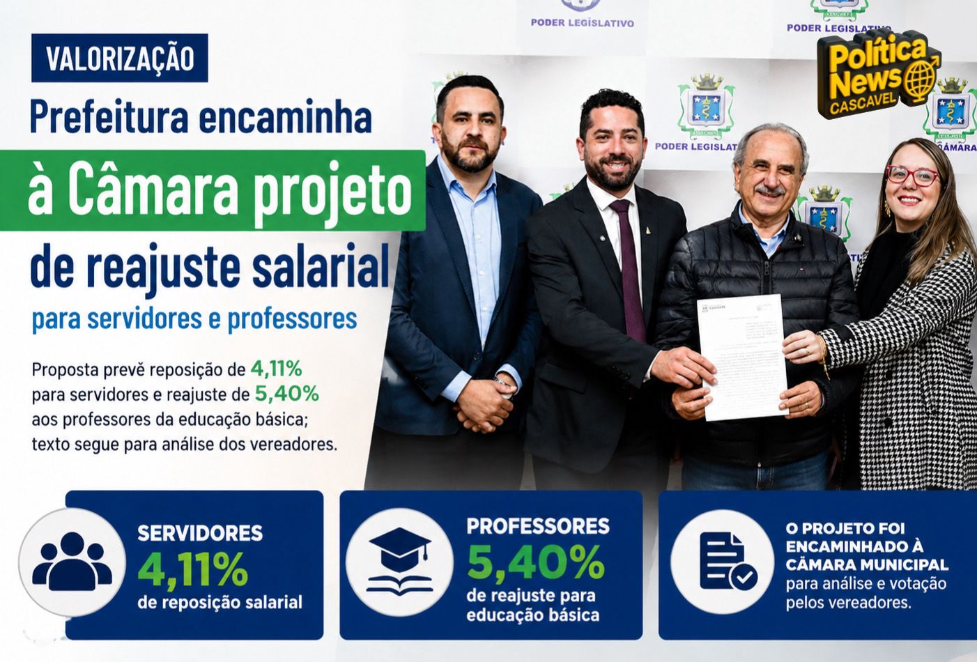 Prefeitura encaminha à Câmara projeto de reajuste salarial para servidores e professores