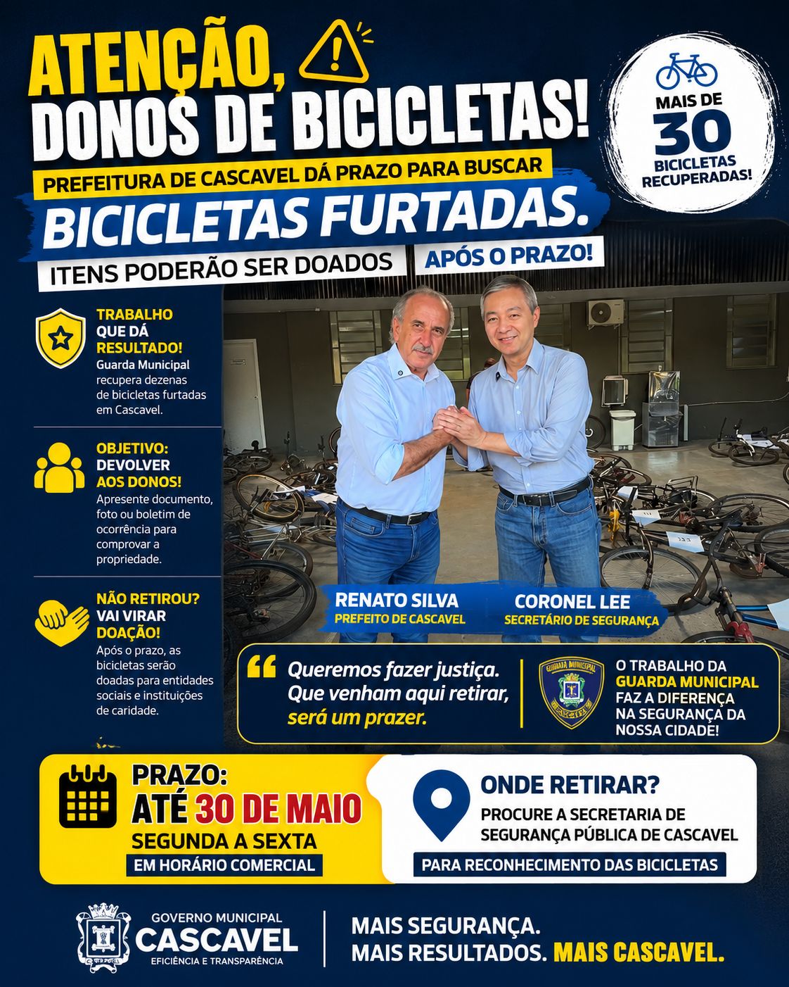 PREFEITURA DE CASCAVEL DÁ PRAZO PARA DONOS BUSCAREM BICICLETAS FURTADAS; ITENS PODERÃO SER DOADOS