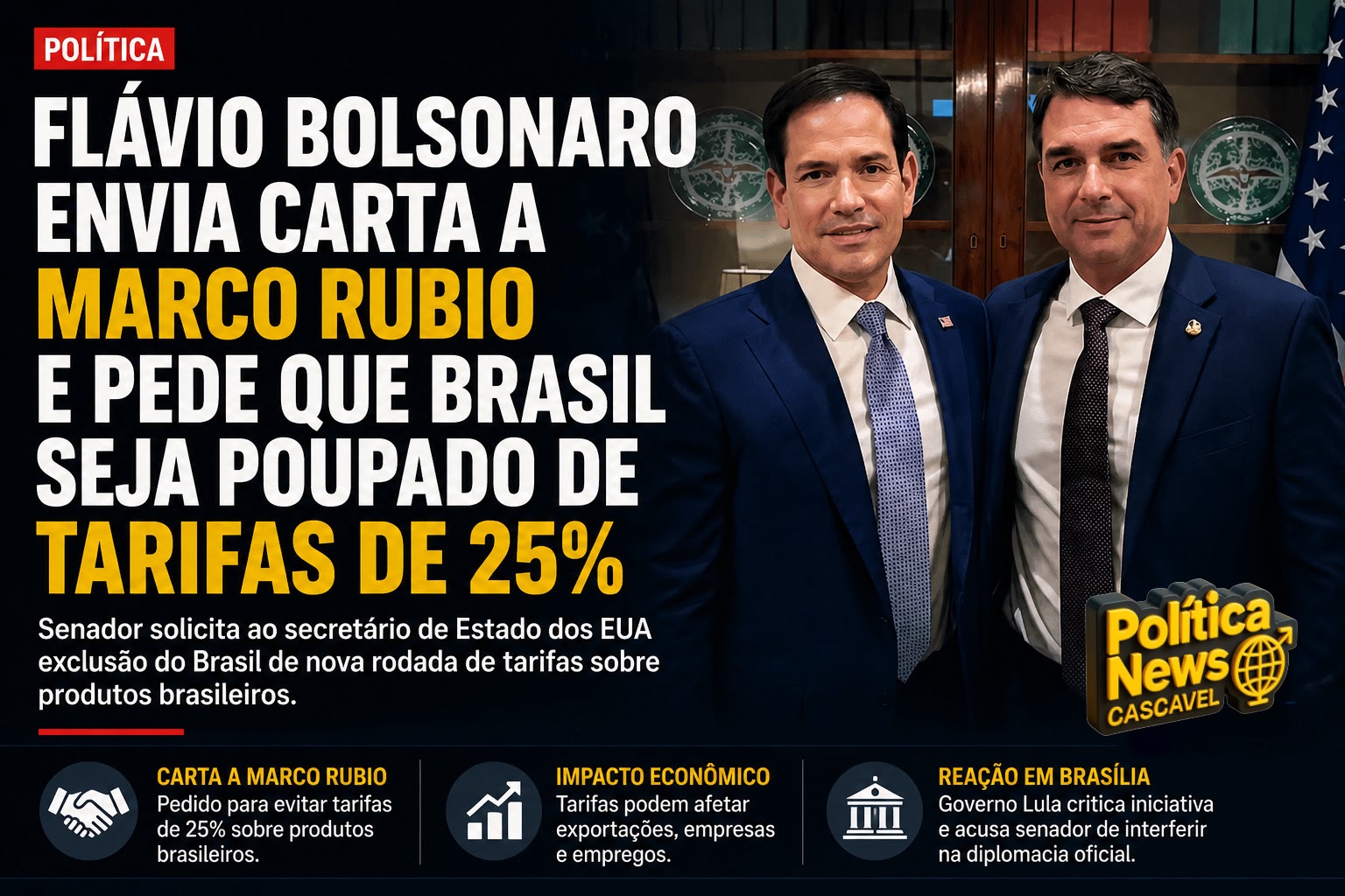 Flávio Bolsonaro envia carta aos EUA e pede exclusão do Brasil de novas tarifas
