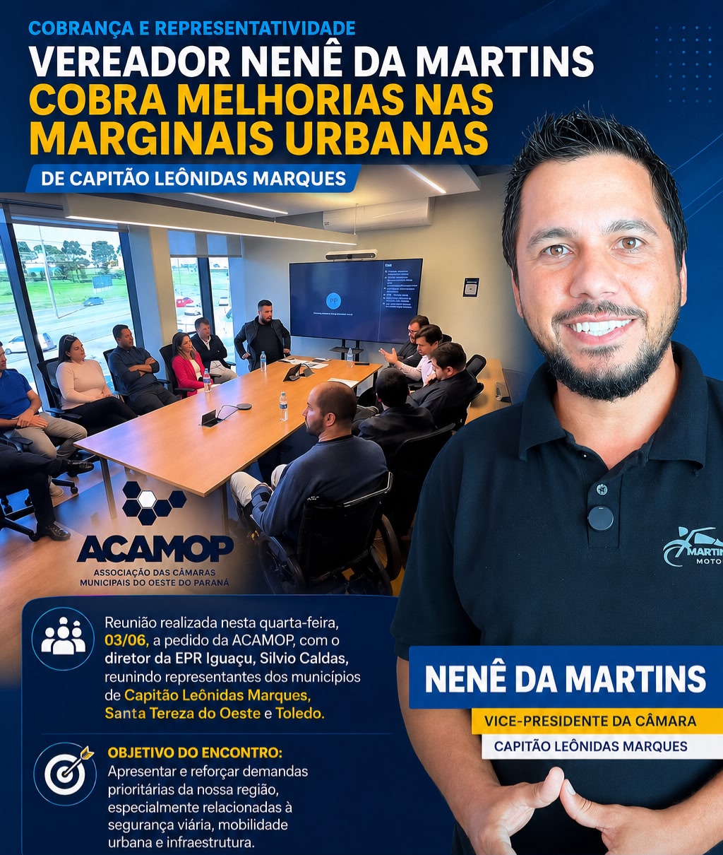 Vereador Nenê da Martins cobra melhorias nas marginais urbanas de Capitão Leônidas Marques durante reunião com diretor da EPR