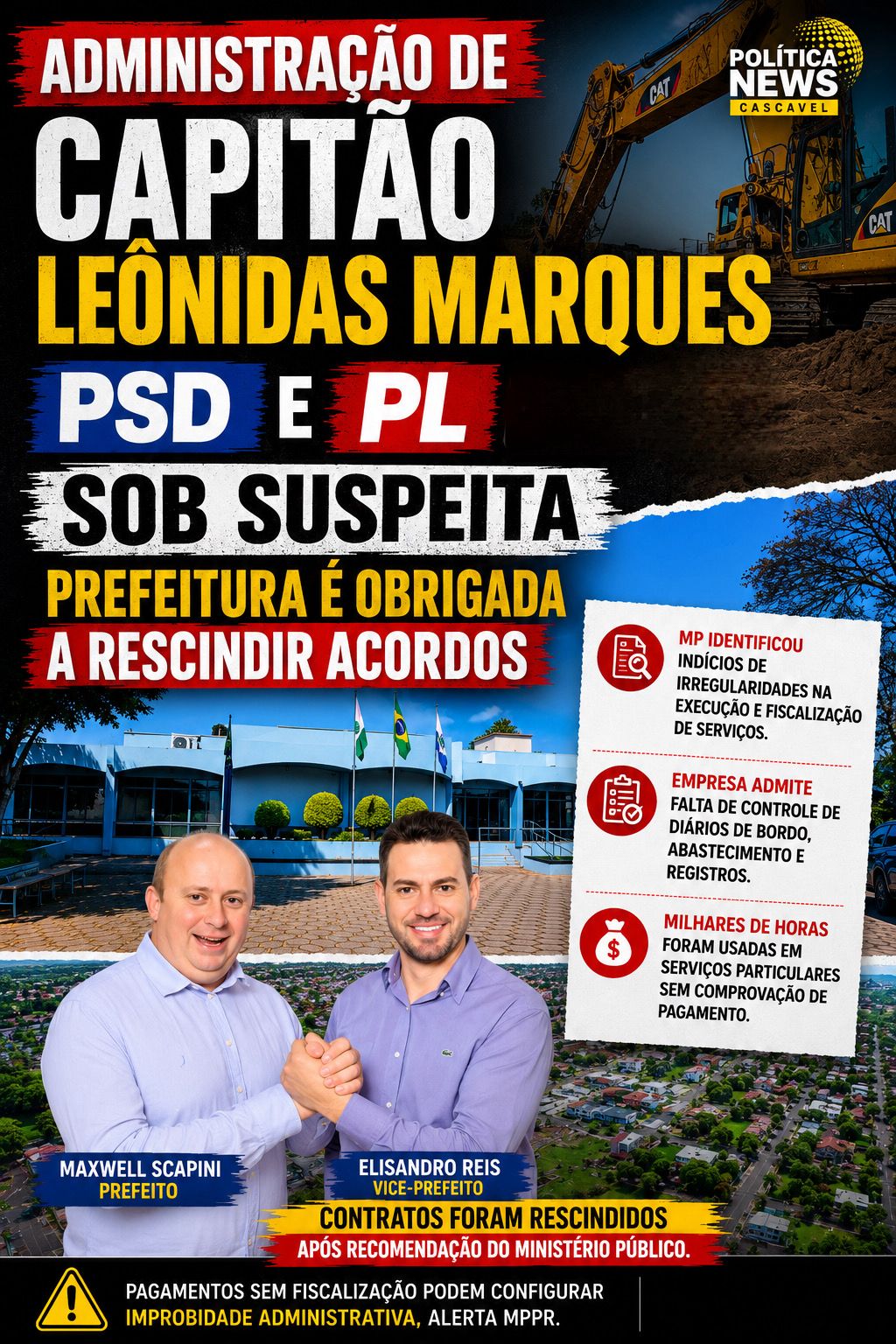 MP coloca contratos de horas-máquina de Capitão Leônidas Marques sob suspeita e prefeitura é obrigada a rescindir acordos