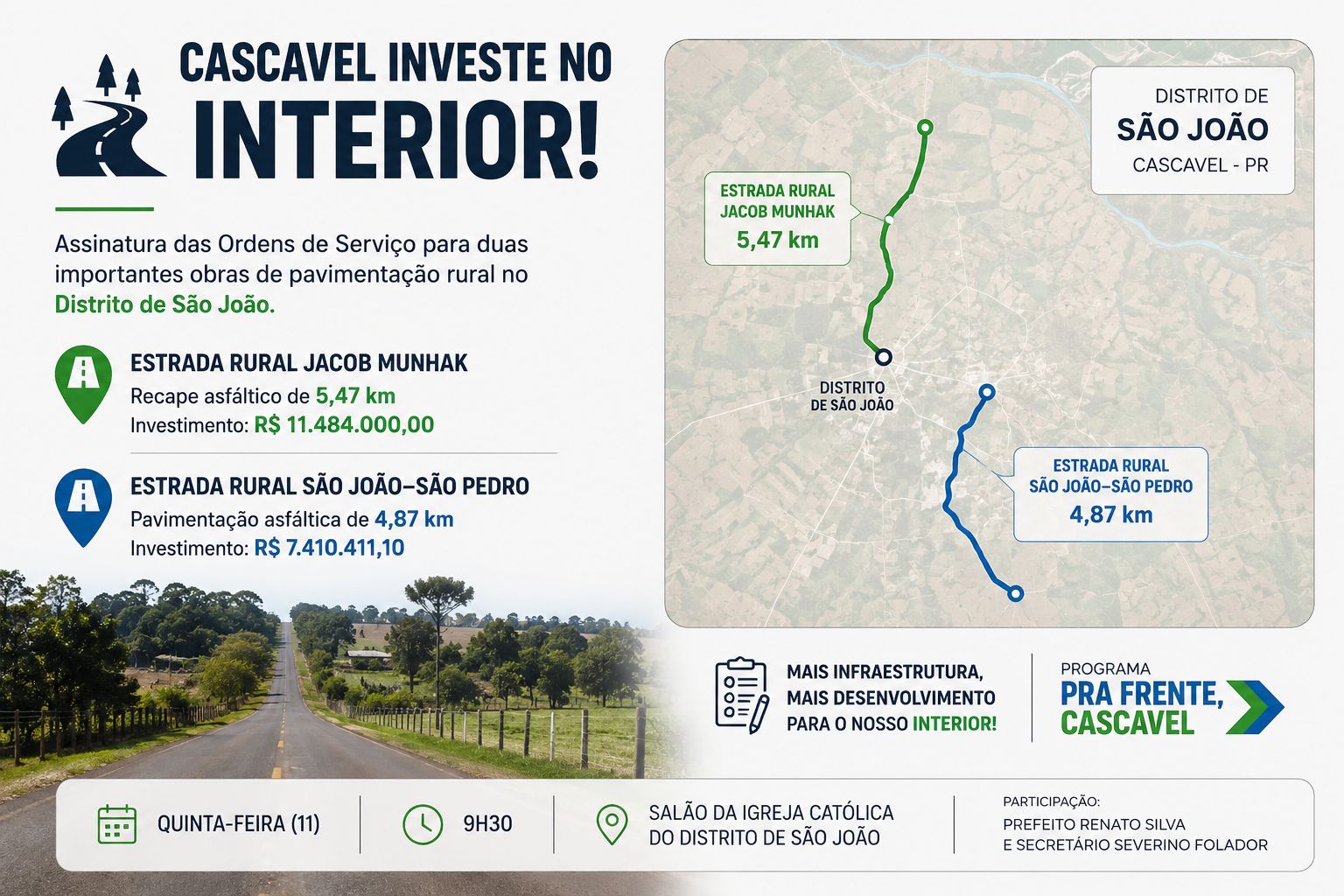 Prefeitura de Cascavel autoriza pavimentação de duas importantes estradas rurais no Distrito de São João