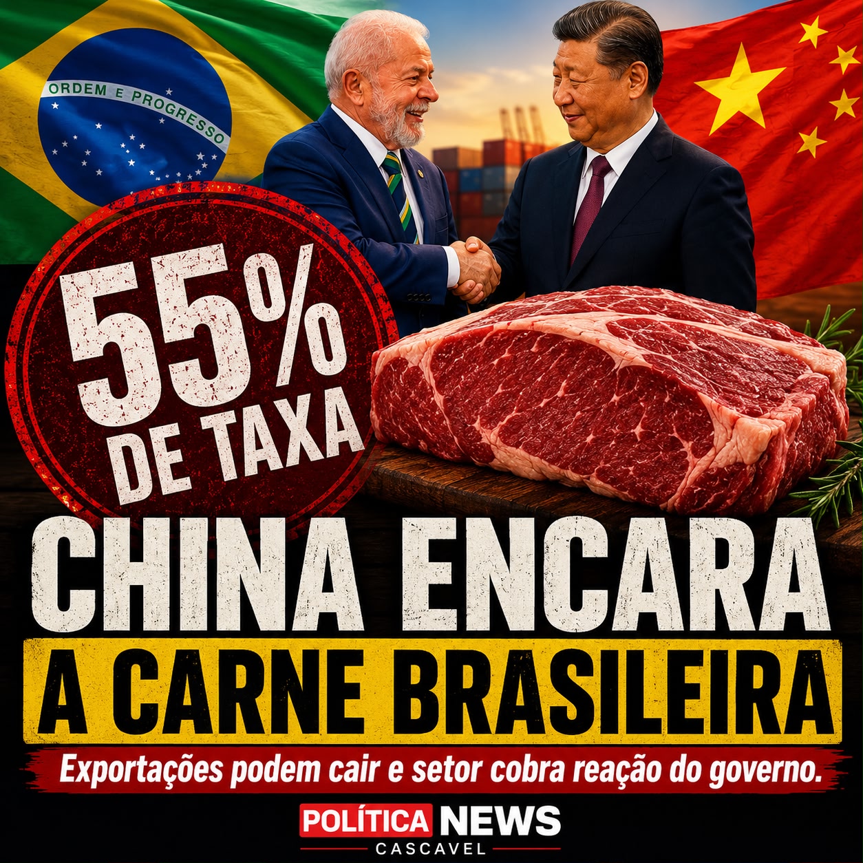 China mantém taxa de 55% sobre a carne bovina brasileira e governo federal minimiza impacto econômico