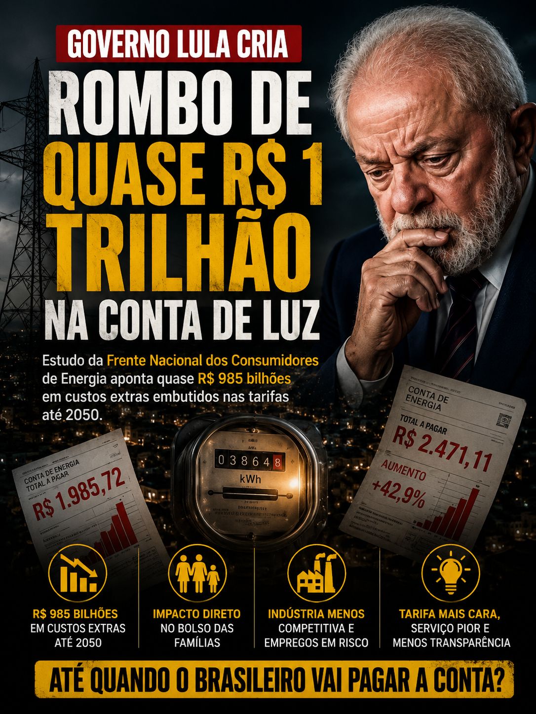 GOVERNO LULA CRIA ROMBO DE QUASE R$ 1 TRILHÃO NA CONTA DE LUZ