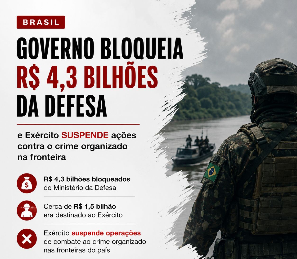 Governo bloqueia R$ 4,3 bilhões da Defesa e Exército suspende ações de combate ao crime nas fronteiras
