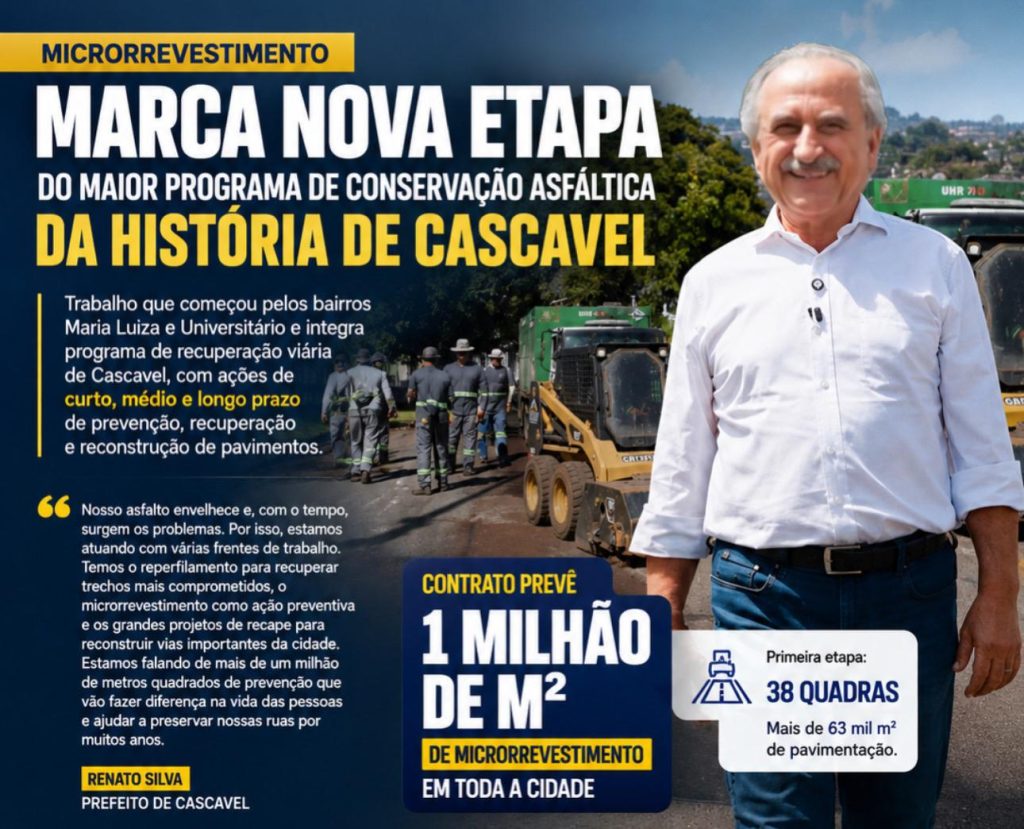 Microrrevestimento marca nova etapa do maior programa de conservação asfáltica da história de Cascavel com 1 milhão de m² em toda a cidade