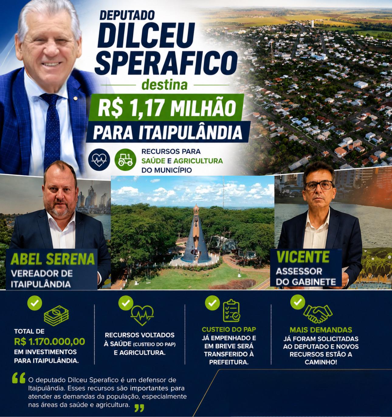 Deputado Dilceu Sperafico destina R$ 1,17 milhão para Itaipulândia e reforça apoio ao município