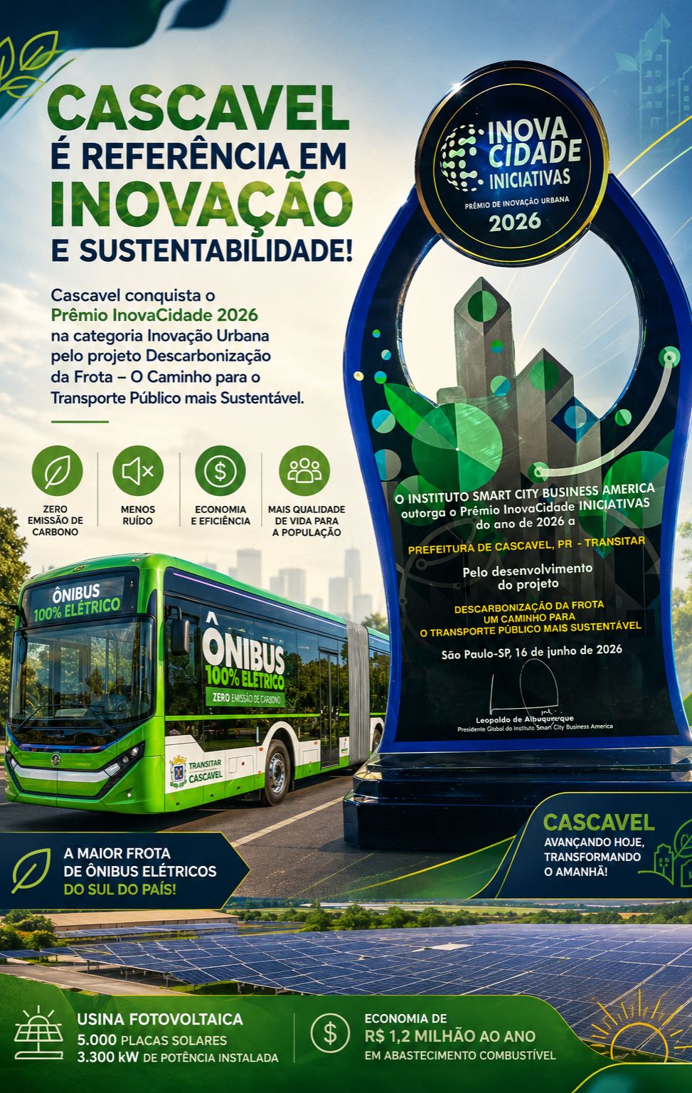 Cascavel conquista o Prêmio InovaCidade 2026 na categoria Inovação Urbana pelo projeto Descarbonização da Frota – O Caminho para o Transporte Público mais Sustentável.