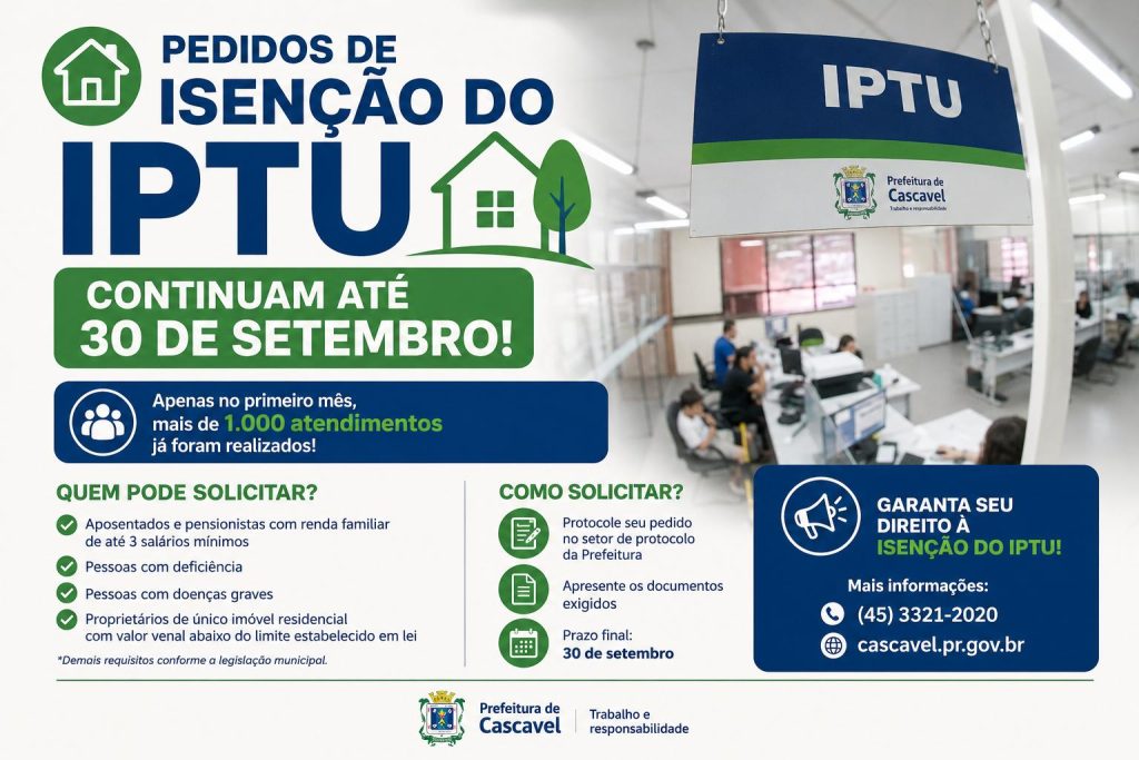 Pedidos de isenção do IPTU continuam até dia 30 de setembro em Cascavel