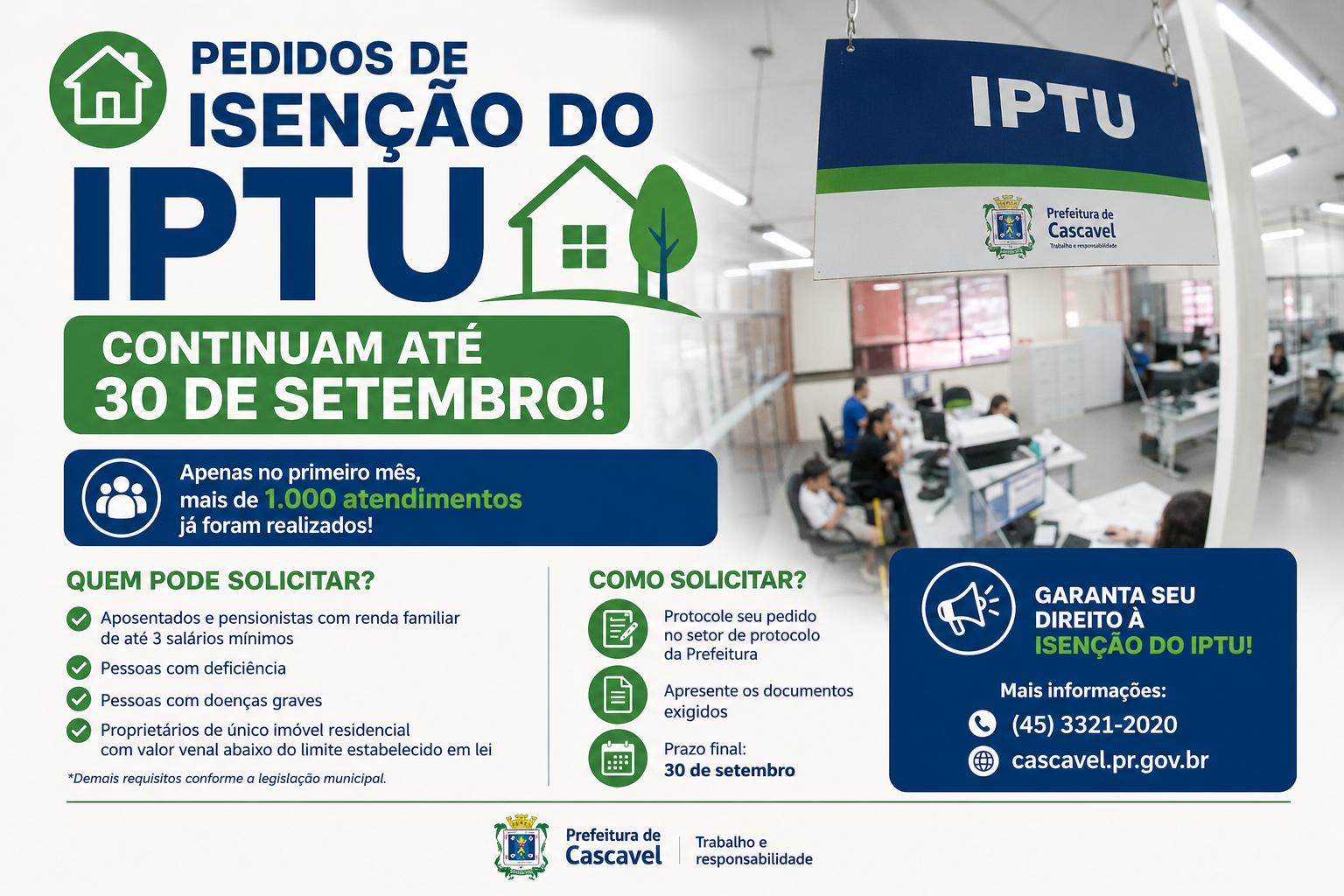 Pedidos de isenção do IPTU continuam até dia 30 de setembro em Cascavel