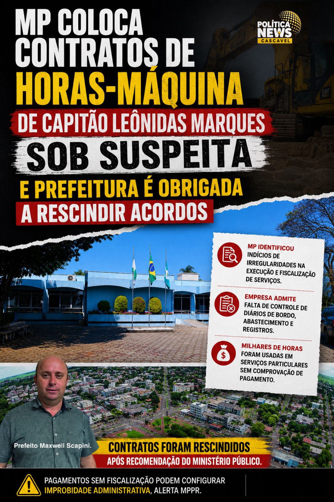 MP coloca contratos de horas-máquina de Capitão Leônidas Marques sob suspeita e prefeitura é obrigada a rescindir acordos