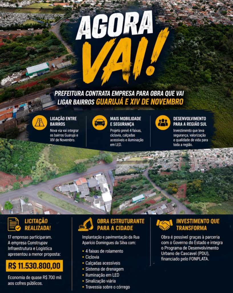 “Agora vai”Prefeitura contrata empresa para obra que vai ligar bairros Guarujá e XIV de Novembro