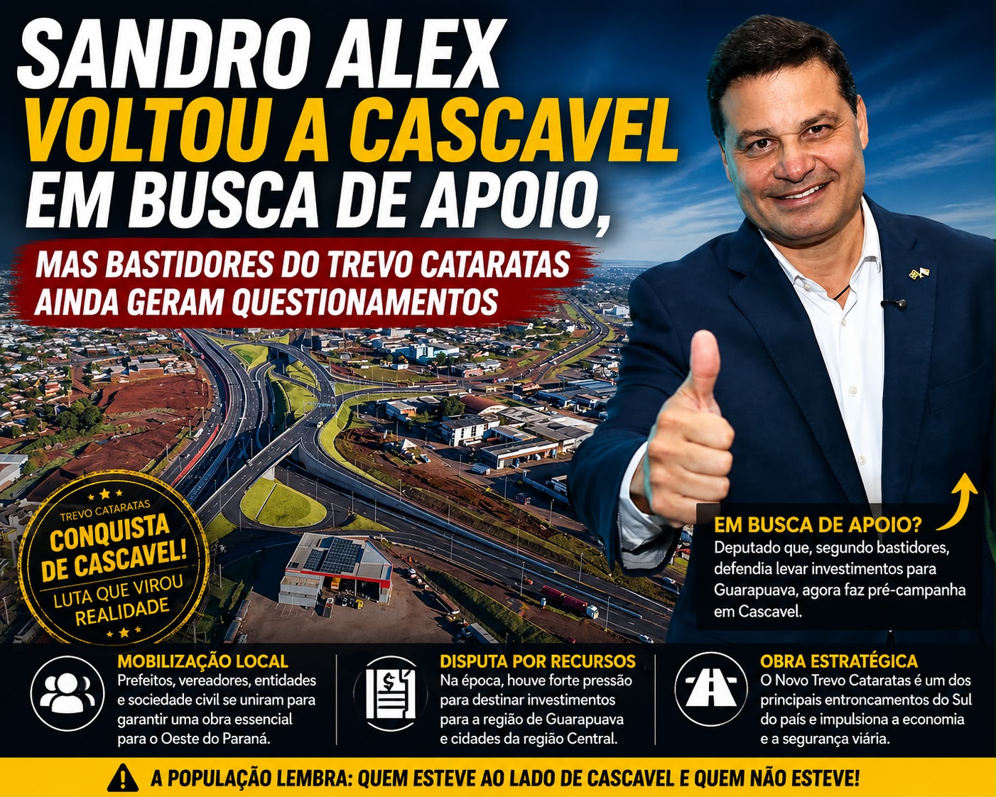 SANDRO ALEX VOLTOU A CASCAVEL EM BUSCA DE APOIO, MAS BASTIDORES DO TREVO CATARATAS AINDA GERAM QUESTIONAMENTOS