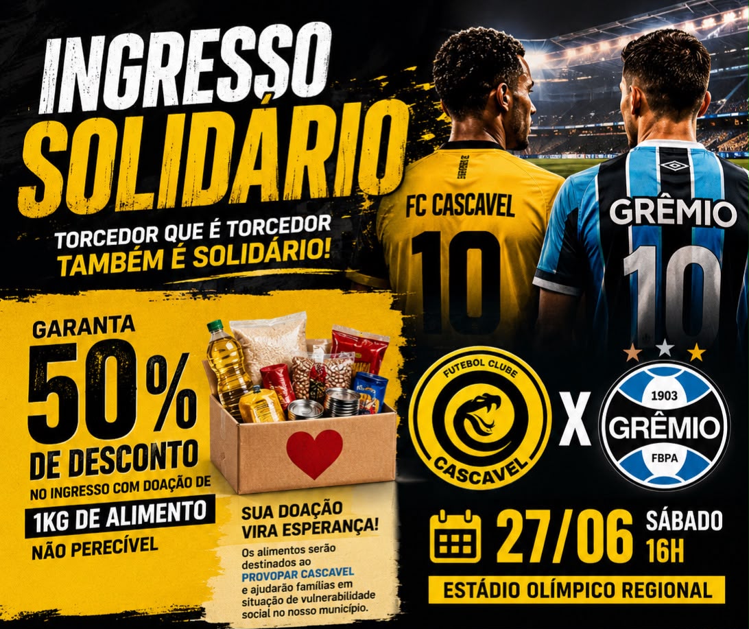 Torcedores podem garantir 50% de desconto no ingresso para FC Cascavel x Grêmio com doação de alimento