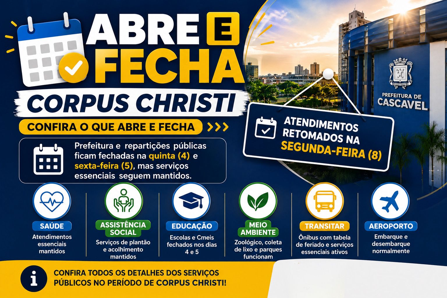 ABRE E FECHA | Confira como ficam os serviços públicos por conta do Corpus Christi