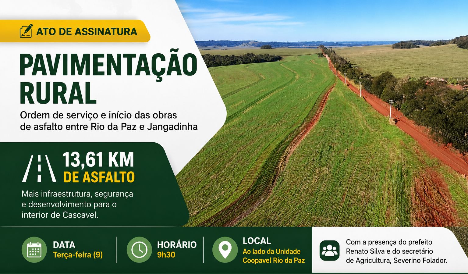 Prefeitura de Cascavel dará início à pavimentação de 13,61 km de estrada rural entre Rio da Paz e Jangadinha