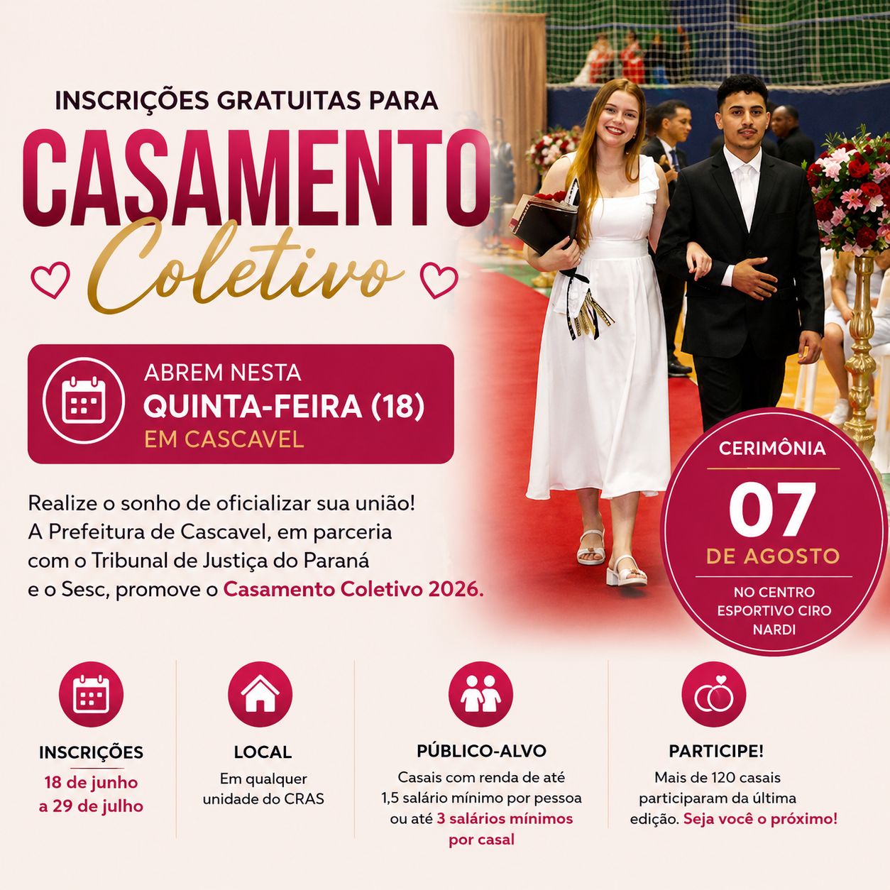 Inscrições gratuitas para Casamento Coletivo abrem nesta quinta-feira (18) em Cascavel