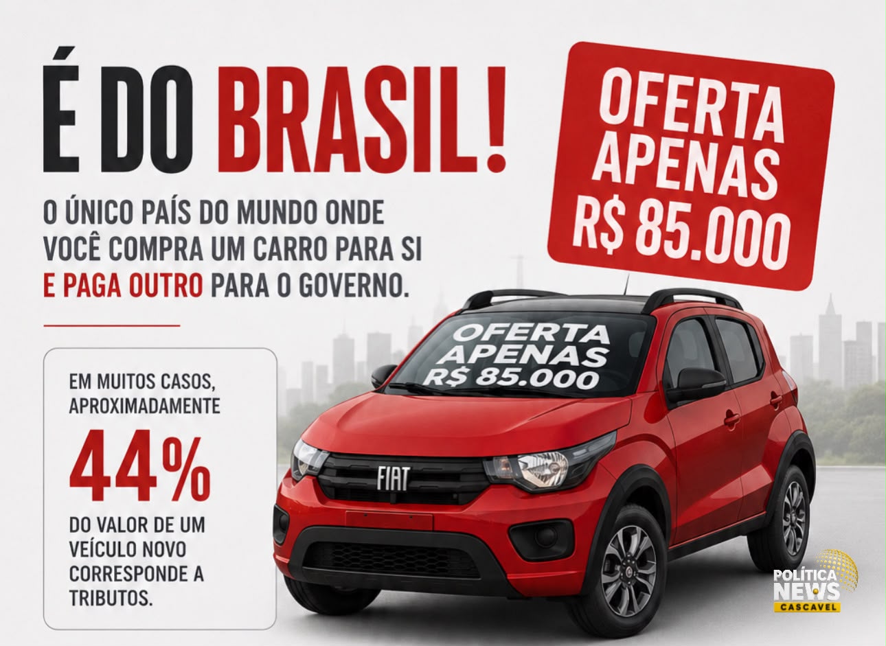 “É DO BRASIL'”; O ÚNICO PAÍS DO MUNDO ONDE VOCÊ COMPRA UM CARRO PARA SI E PAGA OUTRO PARA O GOVERNO. E SE FINANCIAR, TEM UM TERCEIRO PARA O BANCO.