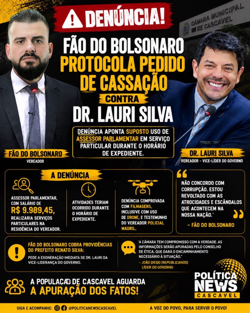 Fão do Bolsonaro protocola pedido de cassação contra Dr. Lauri Silva e acusa uso irregular de assessor parlamentar