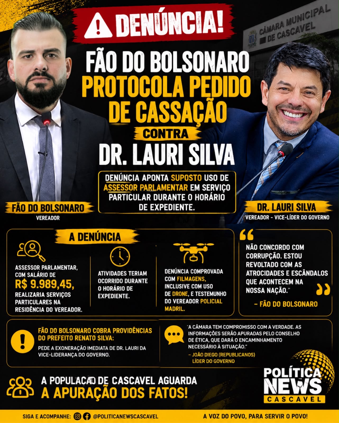 Fão do Bolsonaro protocola pedido de cassação contra Dr. Lauri Silva e acusa uso irregular de assessor parlamentar