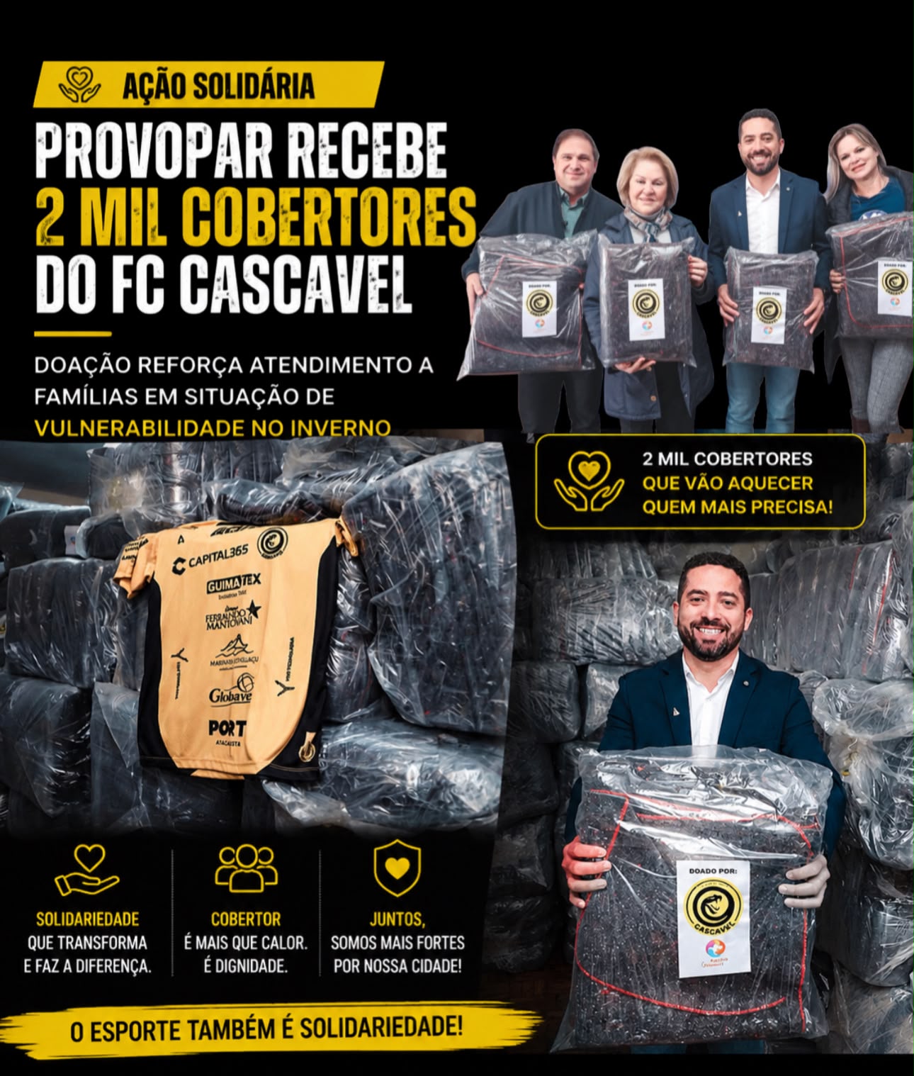 Provopar recebe 2 mil cobertores do FC Cascavel e reforça atendimento a famílias em situação de vulnerabilidade no inverno