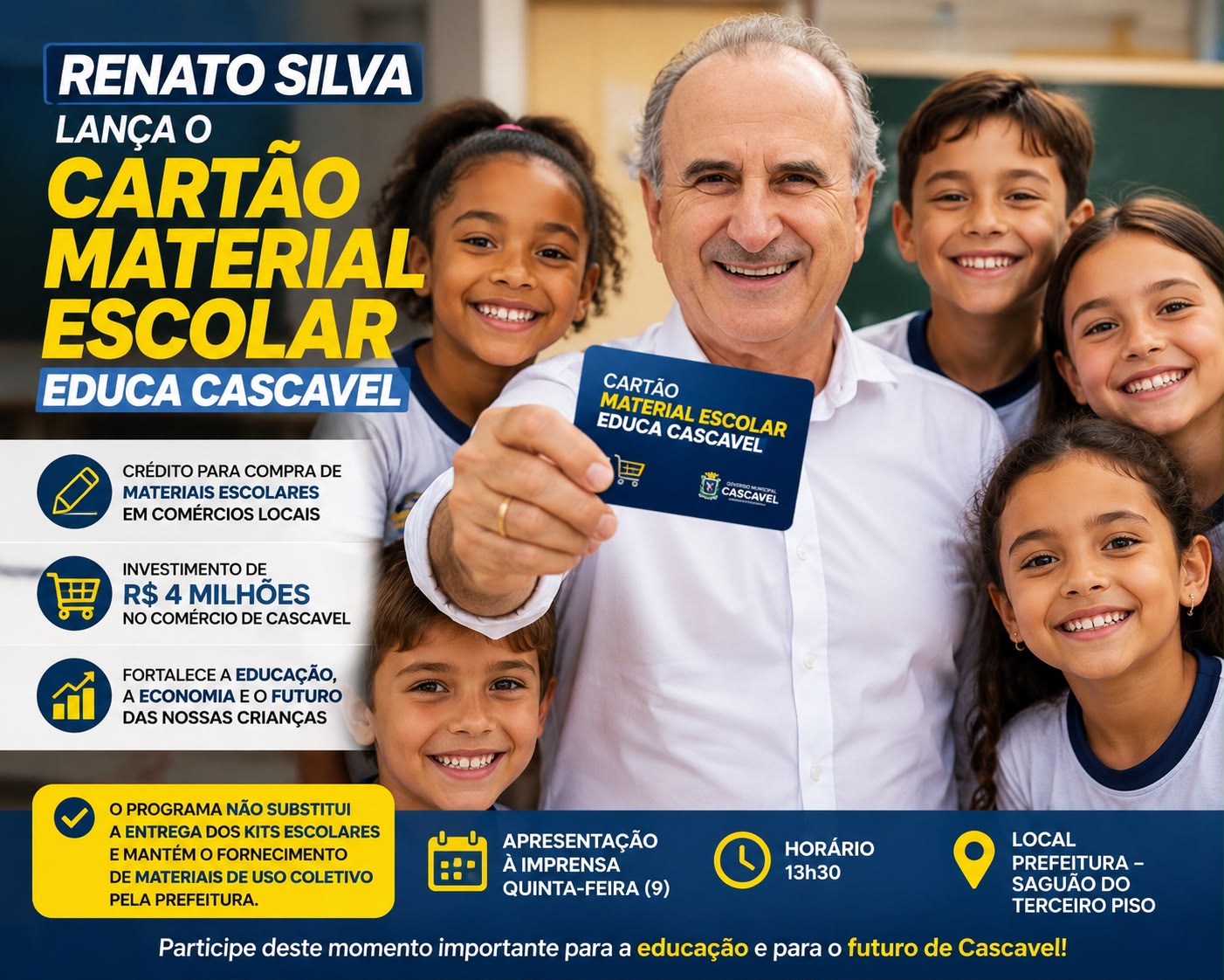 Renato Silva apresenta programa inédito que dará crédito para compra de material escolar em Cascavel