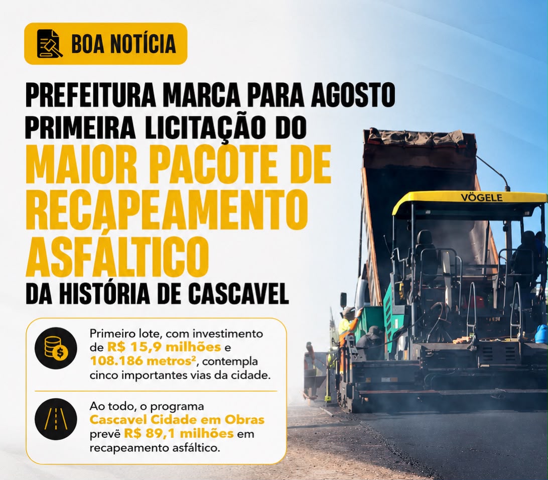 Prefeitura marca para agosto primeira licitação do maior pacote de recapeamento asfáltico da história de Cascavel