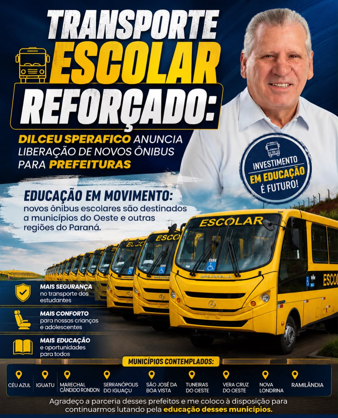 Transporte escolar reforçado: Dilceu Sperafico anuncia liberação de novos ônibus para prefeituras