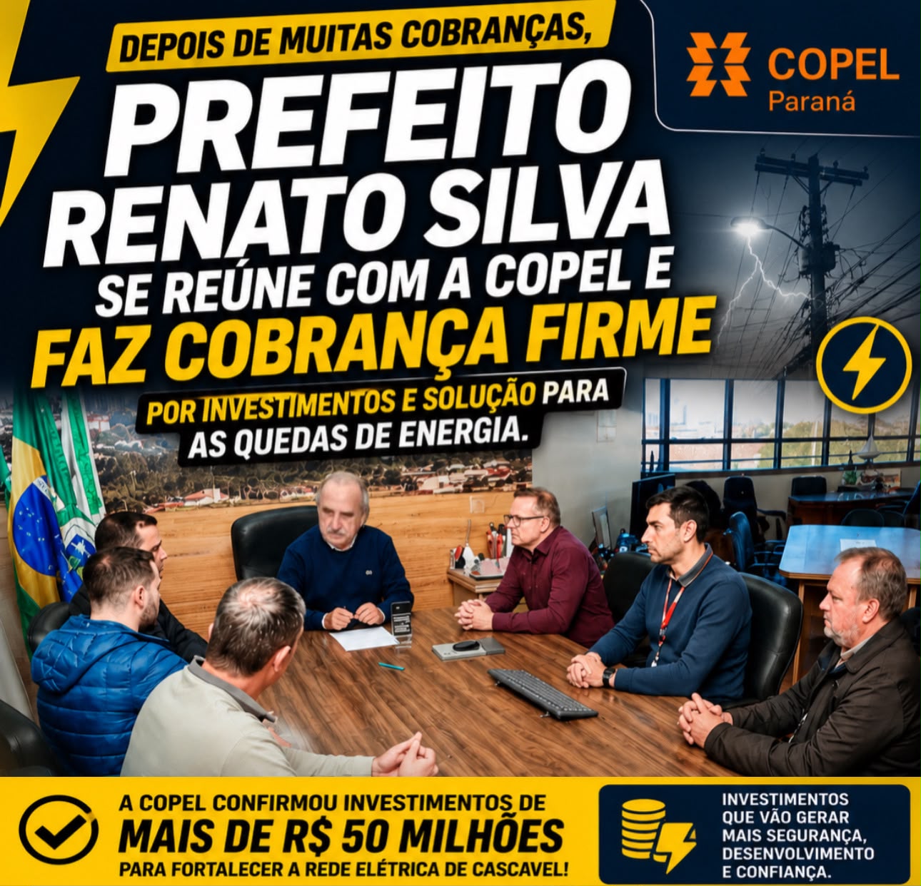 Depois de muitas cobranças, prefeito Renato Silva se reúne com a Copel e faz cobrança firme por investimentos e solução para as quedas de energia.