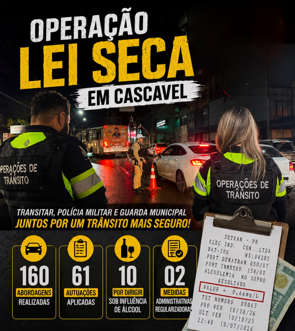 Operação Lei Seca flagra 10 motoristas embriagados e mais de 60 irregularidades em Cascavel