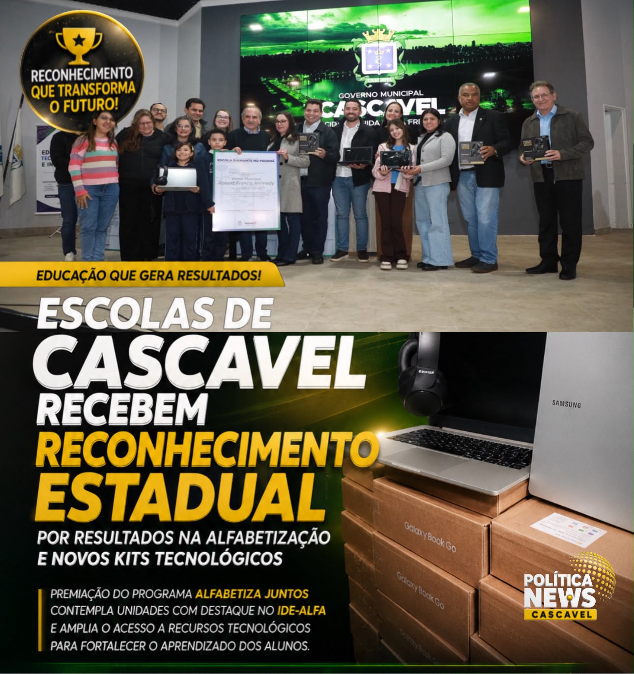 Escolas de Cascavel recebem reconhecimento estadual por resultados na alfabetização e novos kits tecnológicos