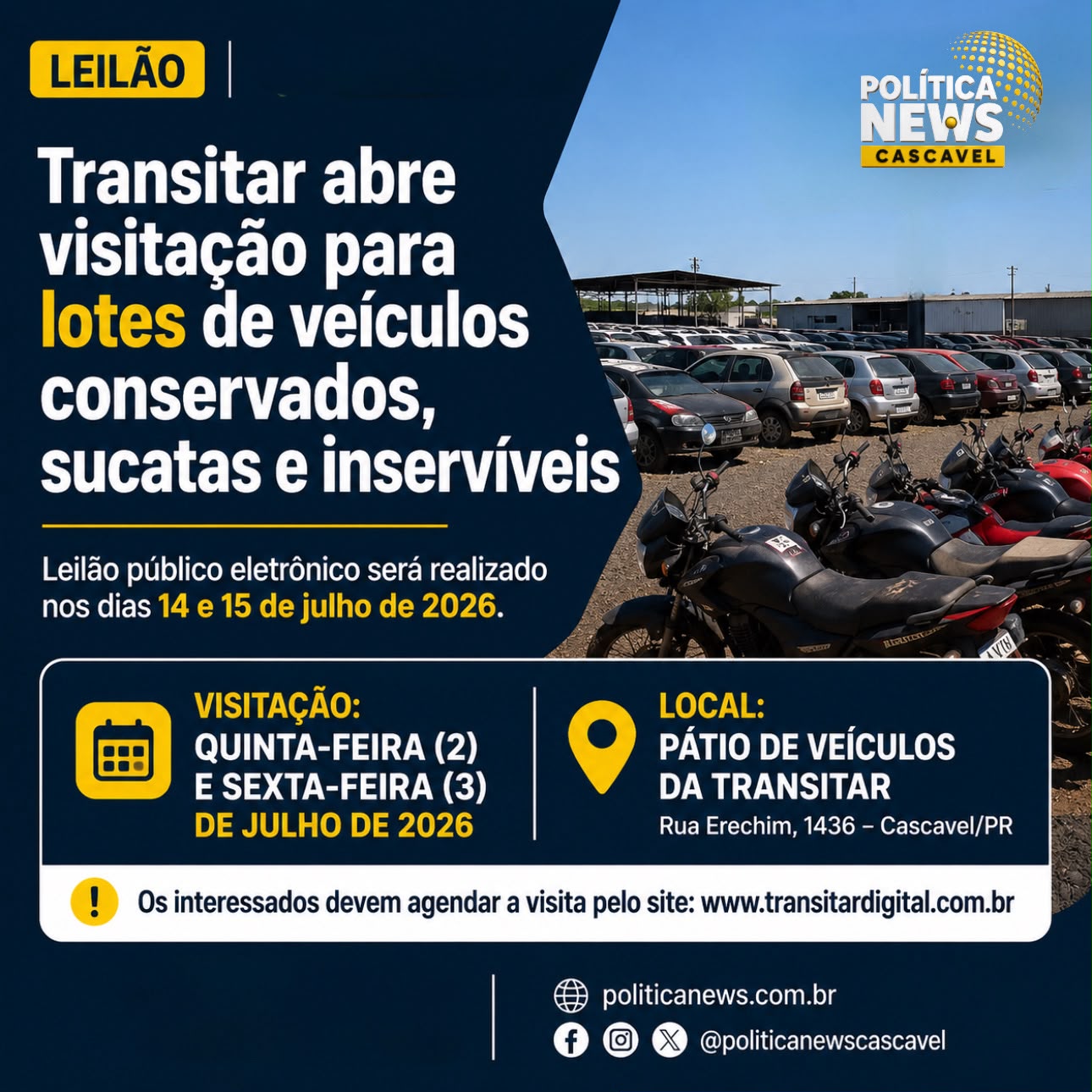 Transitar abre visitação para lotes de veículos conservados, sucatas e inservíveis